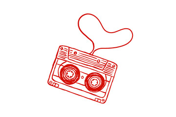 Red hand-drawn cassette tape with heart-shaped audio tape  isolated on transparent background