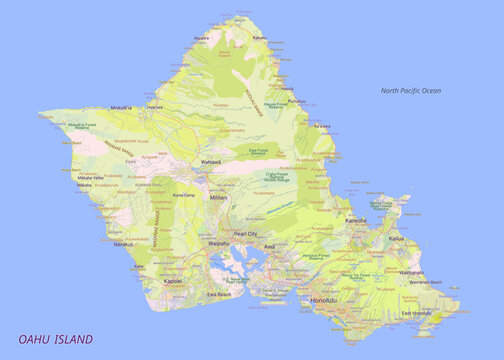 detailed map of Oahu Island, Hawaii, set against a light blue background representing the North Pacific Ocean. The island itself is depicted with varying shades of green and beige