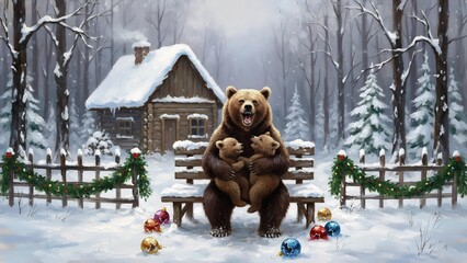 Bear with two playful cub sitting on a bench in a snowy forest scene. Happy animal family concept for Christmas and winter greeting card.