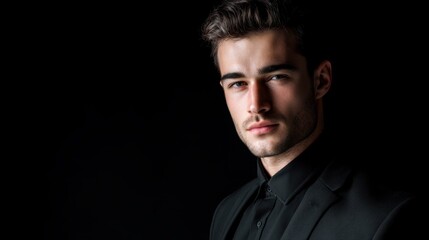 A young man is dressed in a sleek black suit standing against a dark backdrop. His confident expression suggests readiness for a formal event or photoshoot. Evening light highlights his features.