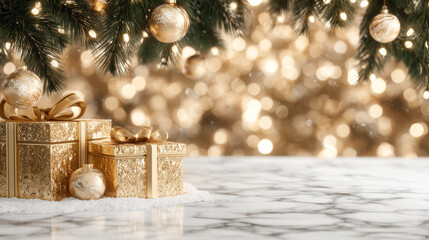 Golden Christmas tree ornaments and wrapped gift boxes with warm bokeh lights creating cozy festive atmosphere