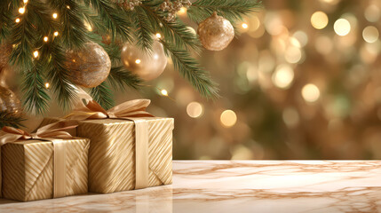 Elegant gold Christmas scene with wrapped gift box and decorated evergreen branch glowing warmly