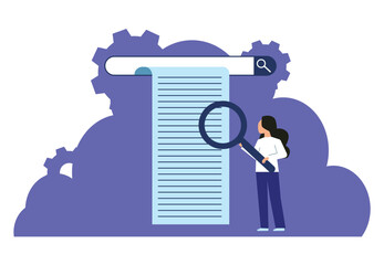 SEO search engine optimization or finding website from internet, online job or career opportunity concept woman with on search box with magnifying glass button.