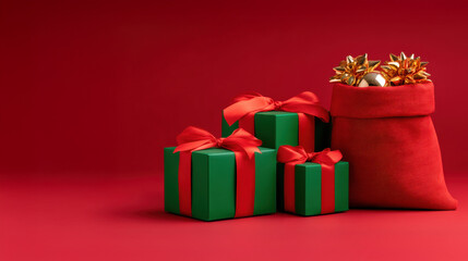 Green gift box red ribbon green gift box red ribbon red gift bag with gold ornaments, festive Christmas present composition
