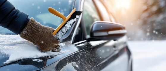 Person cleans snow off car windshield in urban area during winter morning