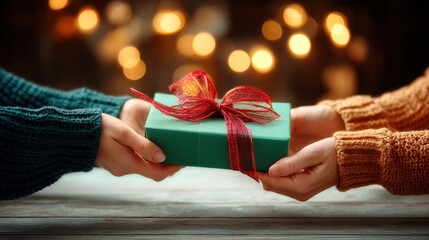 Hands exchanging wrapped gift box with festive ribbon near warm bokeh lights conveying joyful holiday giving