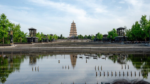 Giant wild goose pagoda in Xian reflecting on water
