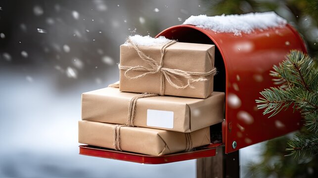 Snowy mailbox filled with Christmas gifts surrounded by falling snowflakes in a winter wonderland
