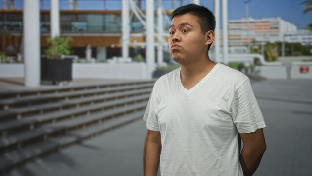 Young hispanic man in white t shirt standing with hands behind back by building steps and columns, looking to side; quiet contemplation. - Powered by Adobe
