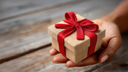 Small gift box with textured wrapping and red ribbon held in gentle hand conveying warmth and surprise