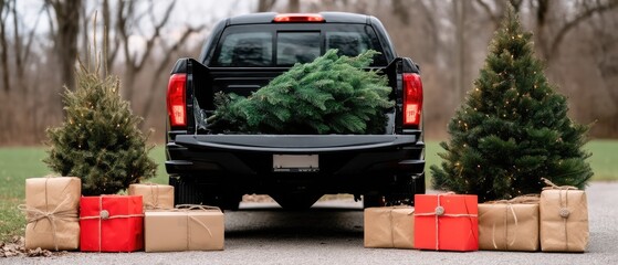 Colorful gift boxes arranged in the back of a truck surrounded by trees, capturing the spirit of the holiday season.