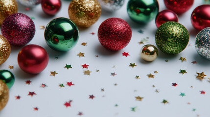 Shiny red green gold glitter Christmas ornament balls spread on white surface with star confetti