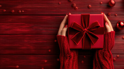 Cozy red knit sweater hands holding red gift box with velvet bow on red wooden background, festive warm holiday mood