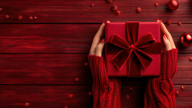 Cozy red knit sweater hands holding red gift box with velvet bow on red wooden background, festive warm holiday mood