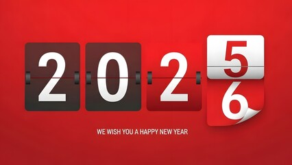Happy New Year 2026 Concept. Retro Flip Clock Countdown on Red Background.