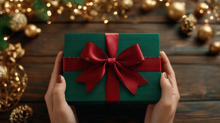 Green gift box with red ribbon and hands holding festive present evokes cozy holiday anticipation