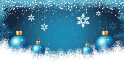 Festive blue christmas background with hanging ornament baubles and falling snow