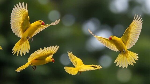 Golden Spectacle: Captivating Flight of Yellow Parakeets in Natural Habitat Captured in Motion
