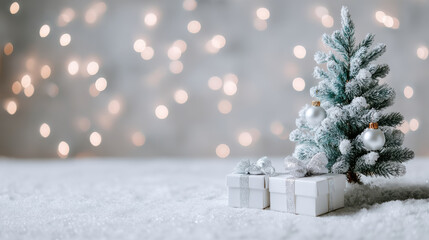 Frosted miniature Christmas tree with snow covered branches and silver baubles beside wrapped white gifts, cozy festive glow