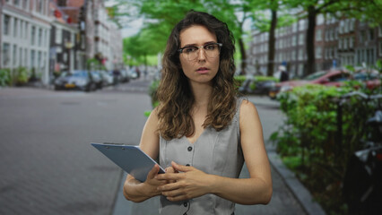 Fototapeta premium Woman wearing glasses holding clipboard and reading notes on a busy city street lined with parked cars and brick buildings; concentration.