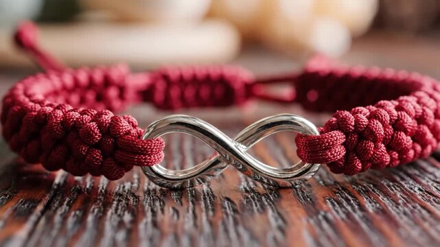 Close up of a maroon paracord bracelet with silver infinity symbol