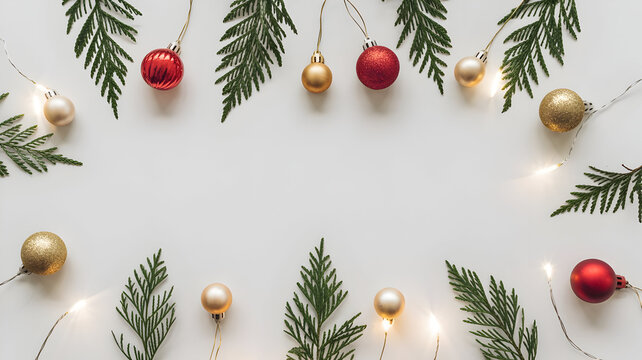 Christmas border frame with red and gold ornament baubles and green fir branch