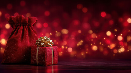 Red glitter gift box with gold bow and red velvet sack on festive bokeh background, warm holiday atmosphere