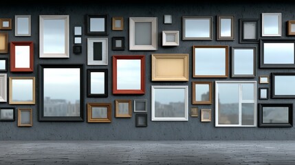A wall of mirrors and frames with a city in the background. Scene is one of reflection and contemplation