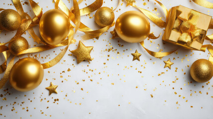 Gold ornament balloon ribbon confetti star gift box festive holiday decoration sparkling celebration