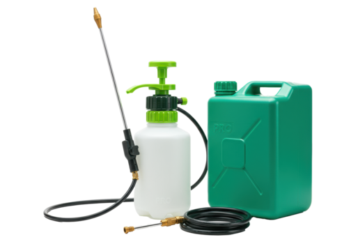 A white industrial pressure sprayer with lime green details and a green jerry can isolated on a transparent background. Garden equipment concept