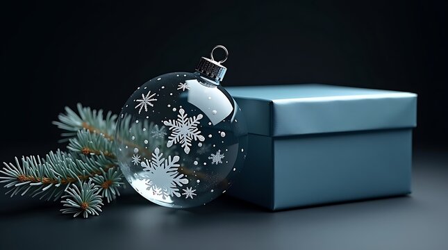 Elegant clear glass christmas ornament with snowflakes and a blue gift box