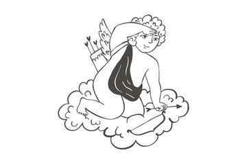 Cute whimsical angel with a bow and arrows on a cloud. Cute Valentines cupid with wings.