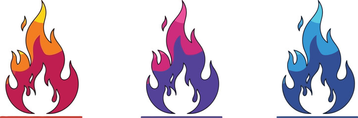 Colorful flames set orange purple and blue fire illustrations on white