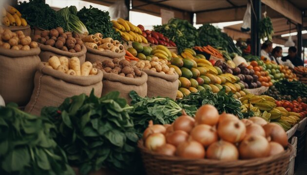 Fresh organic vegetables and fruits displayed abundantly at a local farmers market stall in rustic burlap sacks and wicker baskets, showcasing a colorful and healthy harvest