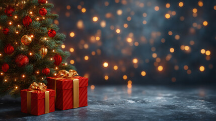 Festive Christmas tree with red and gold ornaments and wrapped gifts glowing with warm lights, cozy holiday atmosphere