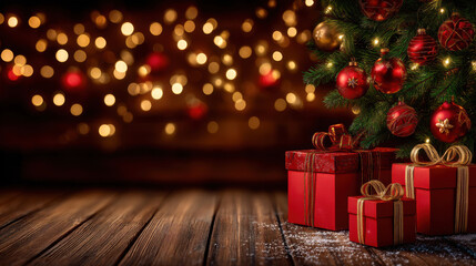 Vintage red and gold Christmas tree ornaments and wrapped gifts under warm bokeh lights creating cozy festive atmosphere