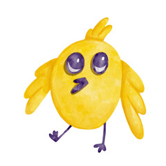 Funny, cute little bird character, yellow chick. Vector graphics.