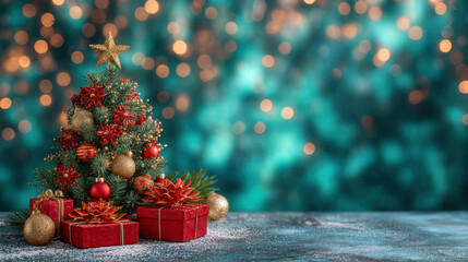 Festive miniature Christmas tree with red and gold ornaments and wrapped presents creating warm holiday cheer