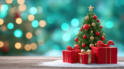 Festive small decorated Christmas tree with red and gold ornament and wrapped gift boxes on snow