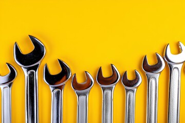 A set of silver wrenches and a sturdy screwdriver lies neatly on a bright yellow backdrop, highlighting craftsmanship and practical utility.