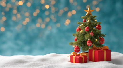 Small decorated christmas tree with red and gold ornament and wrapped gifts creating festive cozy scene