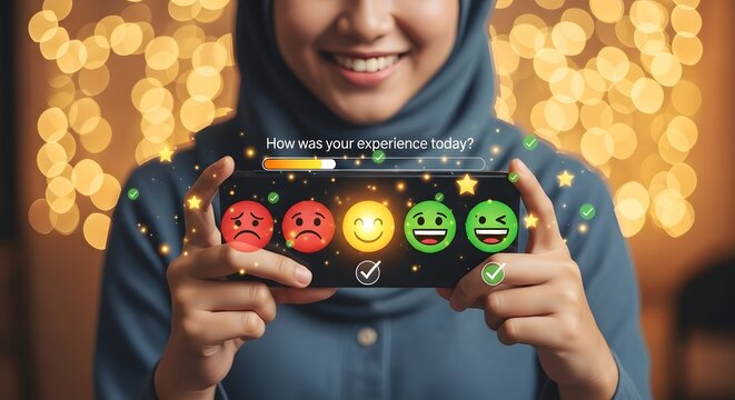 Woman in Hijab Holding Smartphone Showing Customer Satisfaction Survey with Emoticons. - Powered by Adobe