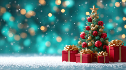Festive miniature Christmas tree with red and gold ornaments and wrapped gifts in snowy bokeh scene
