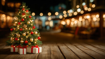 Festive Christmas tree decorated with red and gold ornaments and lights beside wrapped presents evoking warm holiday cheer