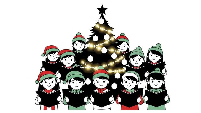 Children singing christmas carol in choir with decorated tree