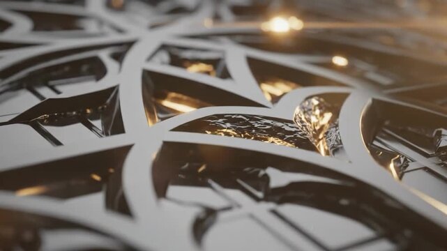 Closeup of abstract metallic gothic tracery with warm backlighting