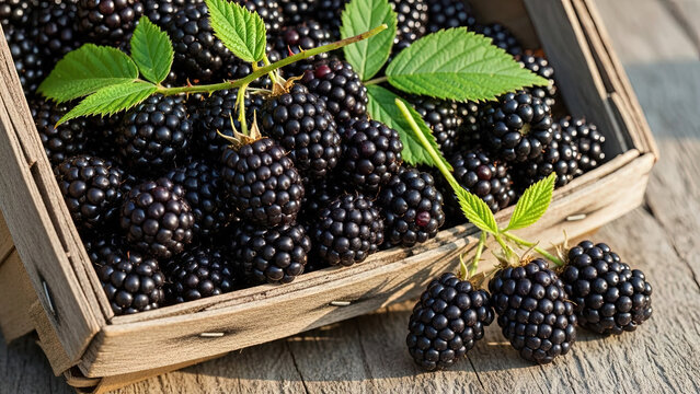 Abundance of fresh ripe shiny black dewberries or blackberries spilling out of rustic wooden basket in bright natural sunlight close up view