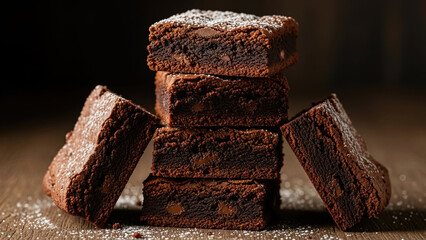 Stack of homemade fudgy chocolate brownies dusted with powdered sugar on dark wood table rich dessert baking sweet treats concept