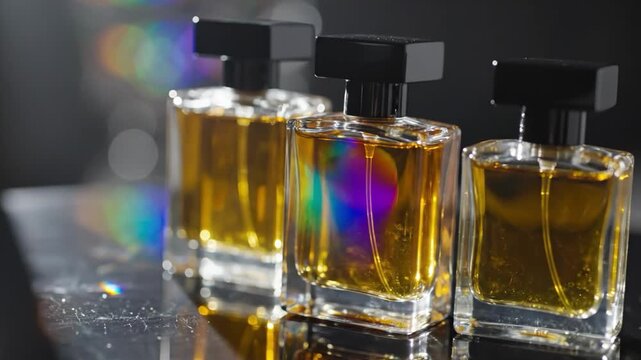 Three amber perfume bottles with dark caps on a reflective surface