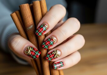 Woman displaying beautiful Christmas plaid manicure with golden bows holding cinnamon sticks.